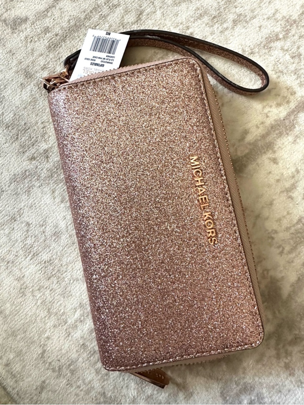 Michael Kors Rose Gold Glitter Zip Wristlet NWT